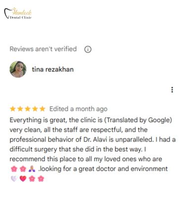 Apicoectomy: Procedure, Recovery & Success Rate 1 Google review from Tina Rezakhan praising Hemlock Dental Clinic in Vancouver for clean environment, respectful staff, and Dr. Alavi’s professional surgical care