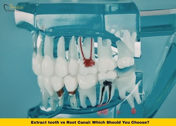 Dental Clinic Blog 1 Extract tooth vs root canal comparison showing a dentist explaining treatment options for saving or removing a damaged tooth
