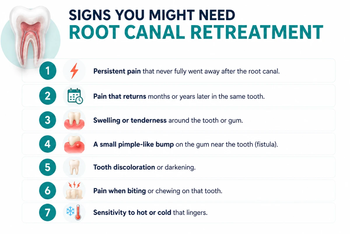 Infographic showing 7 common signs of Root Canal Retreatment, including persistent pain, returning pain, swelling, gum bump, tooth discoloration, pain when biting, and lingering hot or cold sensitivity.