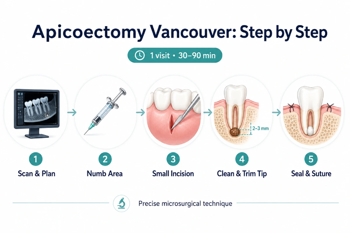 Infographic showing the step-by-step process of an apicoectomy in Vancouver, including imaging, local anesthesia, gum incision, root tip cleaning and trimming, and sealing with sutures.