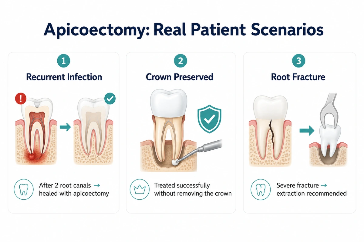 Apicoectomy Vancouver patient scenarios showing recurrent infection treated with apicoectomy, crown-preserving root-end treatment, and severe root fracture requiring extraction.