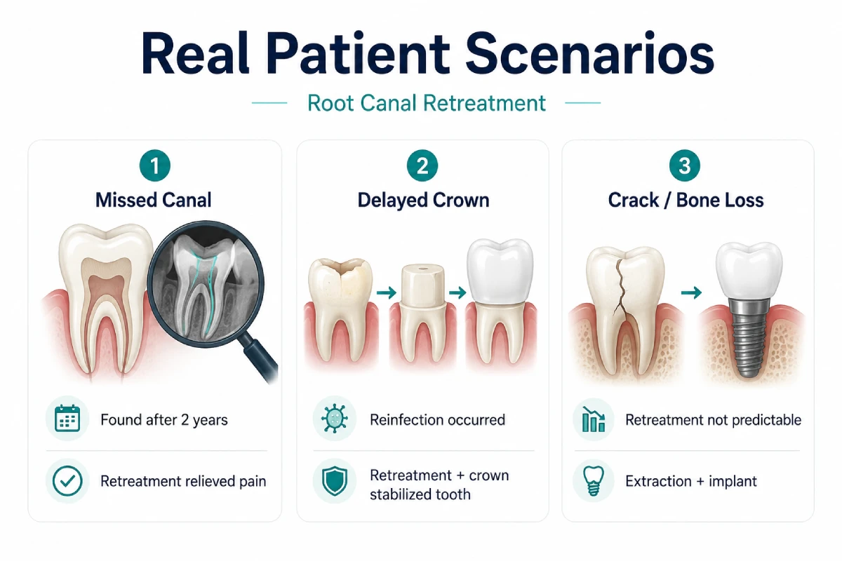 Infographic showing real patient scenarios of Root Canal Retreatment, including a missed canal found after two years, reinfection caused by a delayed crown, and a cracked tooth with bone loss requiring extraction and implant replacement.