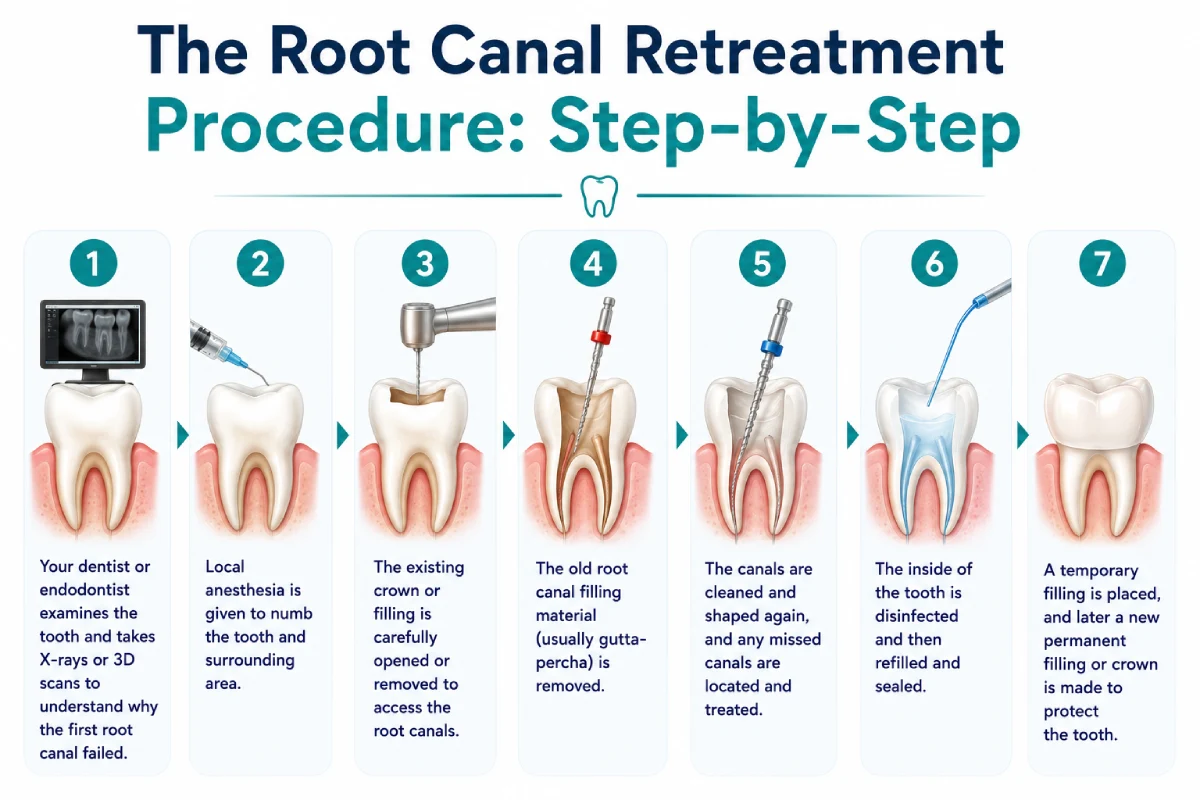 Infographic showing the step-by-step Root Canal Retreatment procedure, including examination and X-rays, local anesthesia, access through the old crown or filling, removal of old filling material, canal cleaning, disinfection, sealing, and temporary restoration.