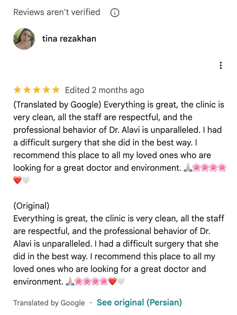 Google review screenshot for Hemlock Dental Clinic highlighting a clean clinic, respectful staff, professional care from Dr. Alavi, and a positive patient experience, suitable for a Dental Veneers service page.