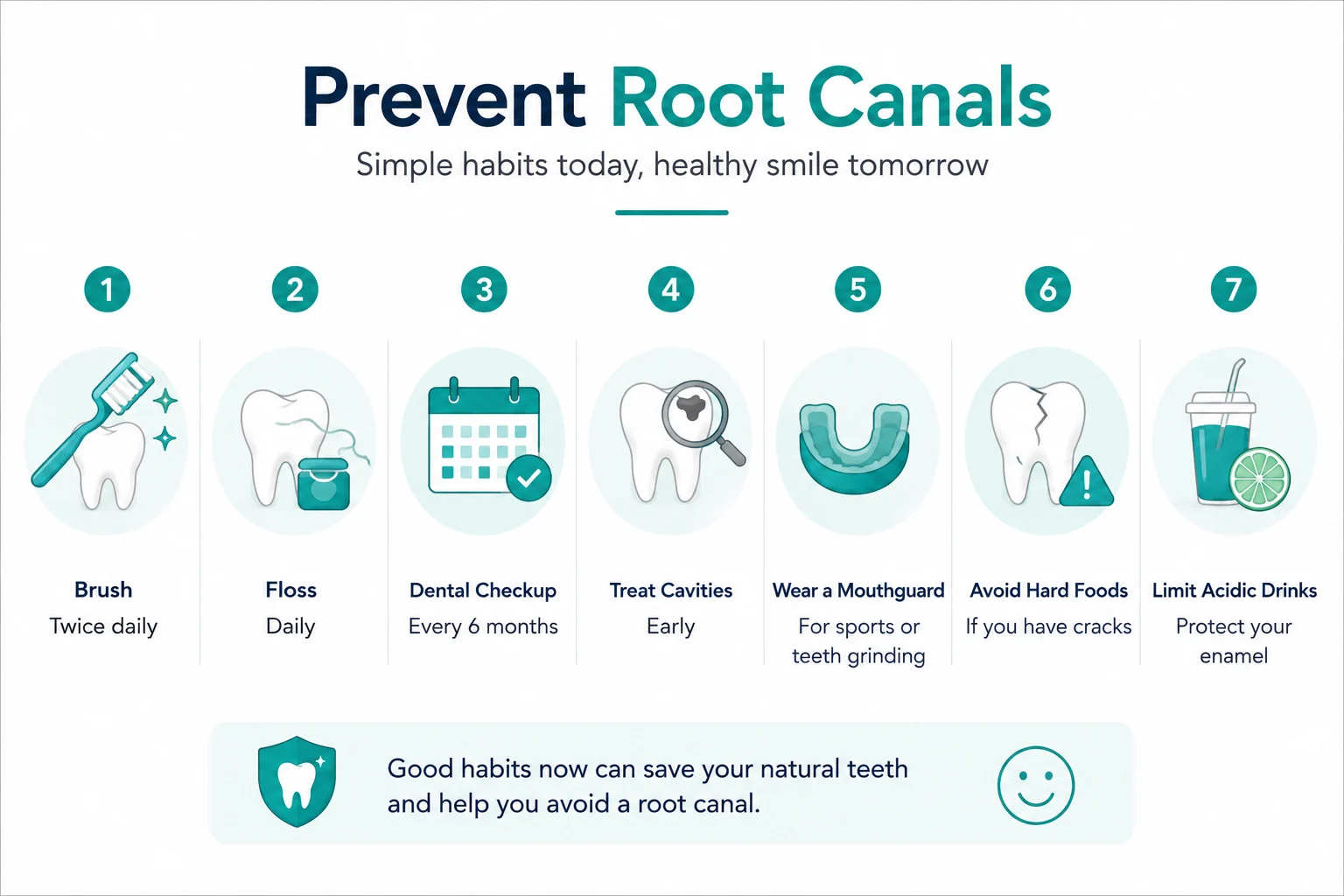 Why Do I Need a Root Canal? Vancouver Dentist Guide 3 Prevent root canal treatment infographic with tips like brushing, flossing, dental checkups, mouthguard use, and avoiding sugary acidic drinks.