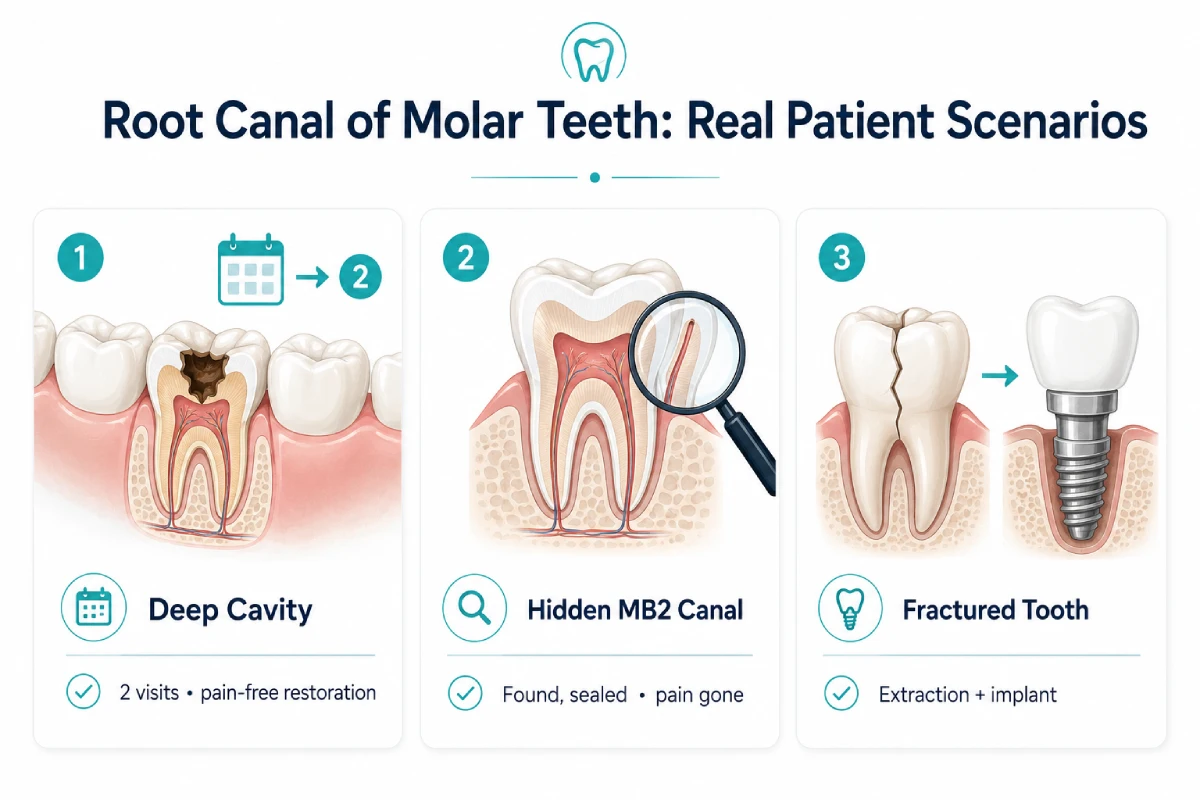 Infographic showing real patient scenarios related to root canal of molar teeth, including a deep cavity, a hidden MB2 canal, and a fractured tooth requiring extraction and implant replacement.