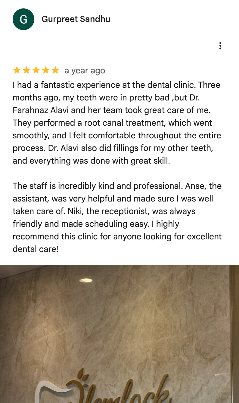 Google review from a patient describing a successful molar root canal treatment experience at Hemlock Dental Clinic