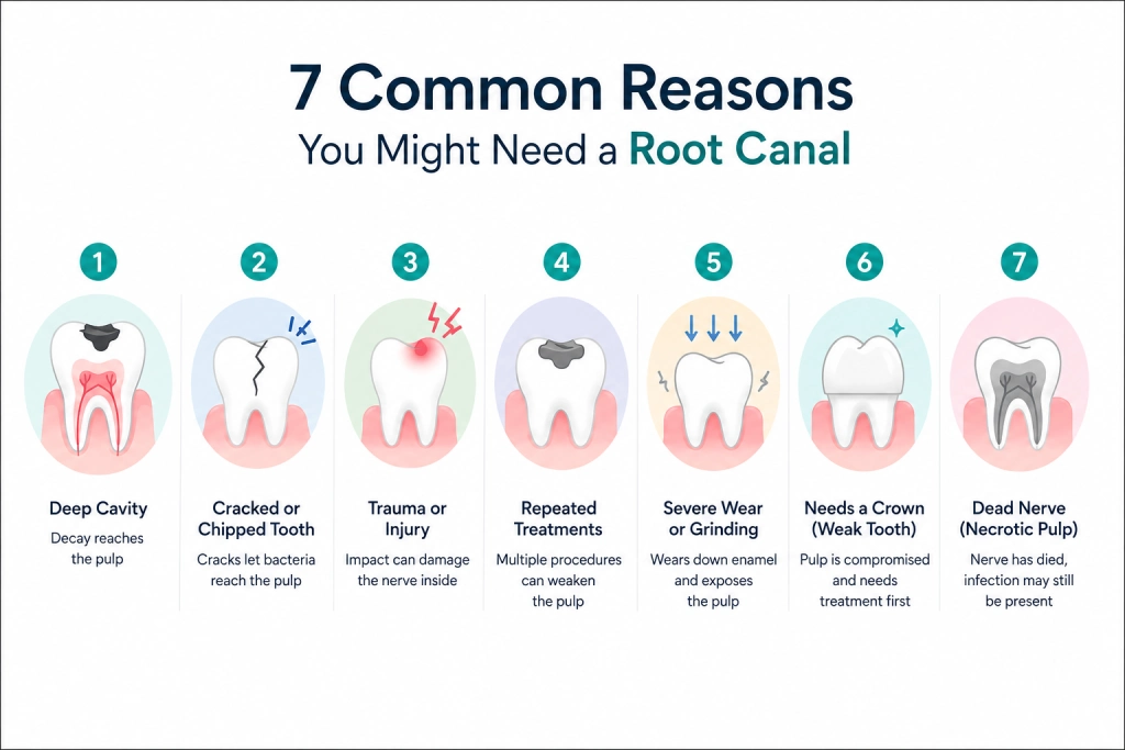 Why Do I Need a Root Canal? Vancouver Dentist Guide 1 Root canal treatment Vancouver infographic showing common reasons such as deep cavity, cracked tooth, trauma, and infected pulp needing dental clinic care.
