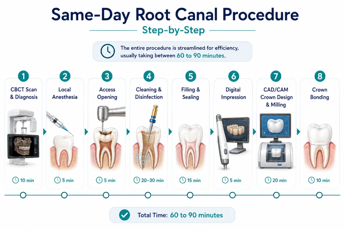 Infographic showing the step-by-step same-day root canal procedure, including CBCT scan and diagnosis, local anesthesia, access opening, cleaning and disinfection, filling and sealing, digital impression, CAD/CAM crown milling, and crown bonding.