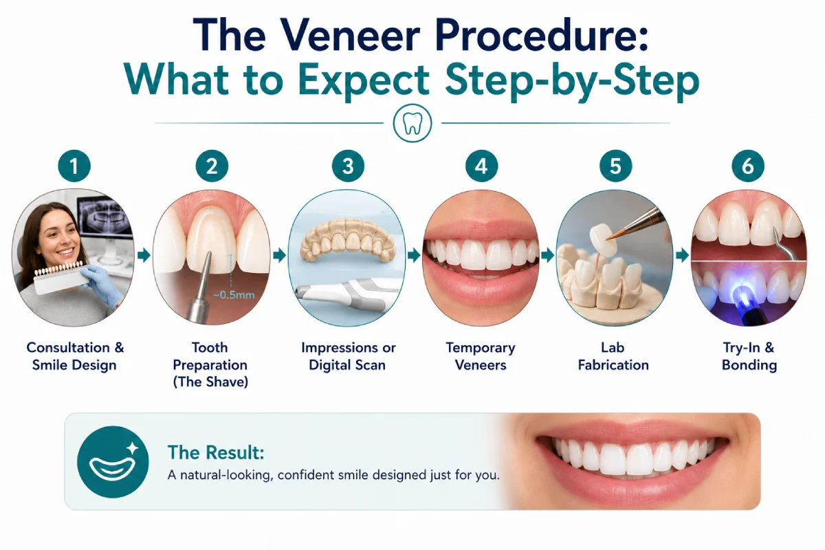 Infographic showing the step-by-step dental veneers procedure, including consultation and smile design, tooth preparation, digital scan, temporary veneers, lab fabrication, and final try-in and bonding.