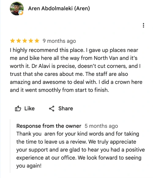 Google review screenshot highlighting a patient’s positive experience with a dental crown procedure, professional care from Dr. Alavi, and helpful staff, relevant to a veneers vs crown treatment comparison.