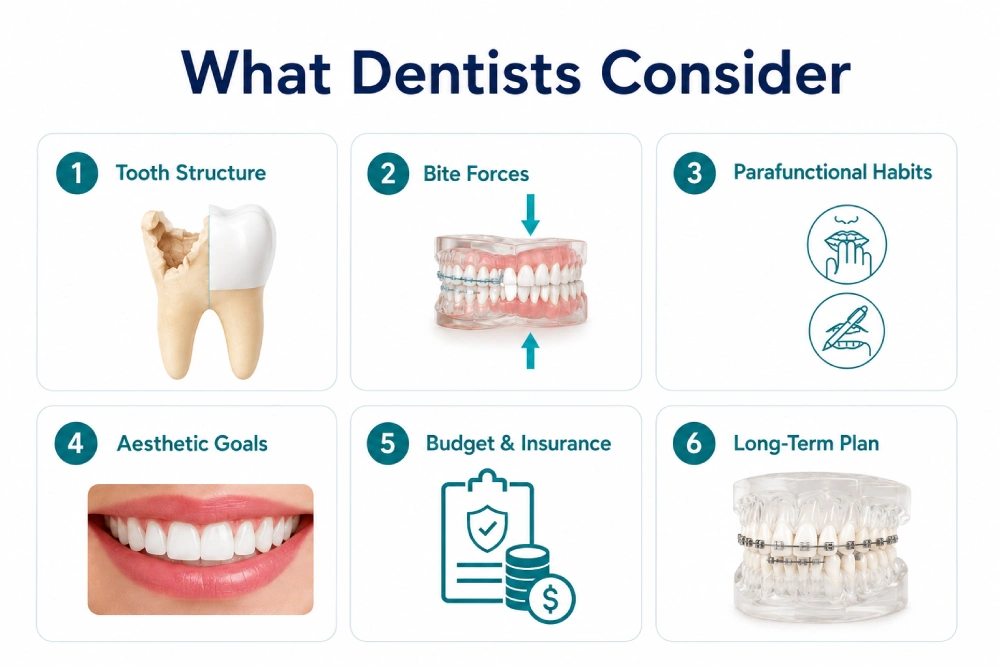 Infographic showing the key factors dentists evaluate in the veneers vs crown decision, including tooth structure, bite forces, parafunctional habits, aesthetic goals, budget and insurance, and long-term treatment plans.