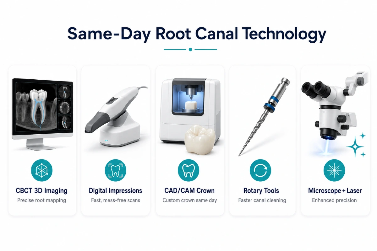 Infographic showing the key technologies that make a same-day root canal possible, including CBCT 3D imaging, digital impressions, CAD/CAM crown milling, rotary endodontic tools, and microscope-guided precision.