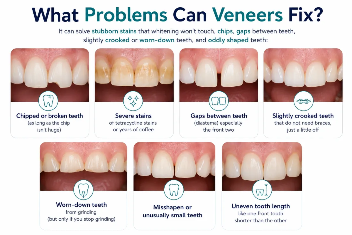 Infographic showing common problems that dental veneers can fix, including chipped teeth, severe stains, gaps between teeth, slightly crooked teeth, worn-down teeth, misshapen teeth, and uneven tooth length.