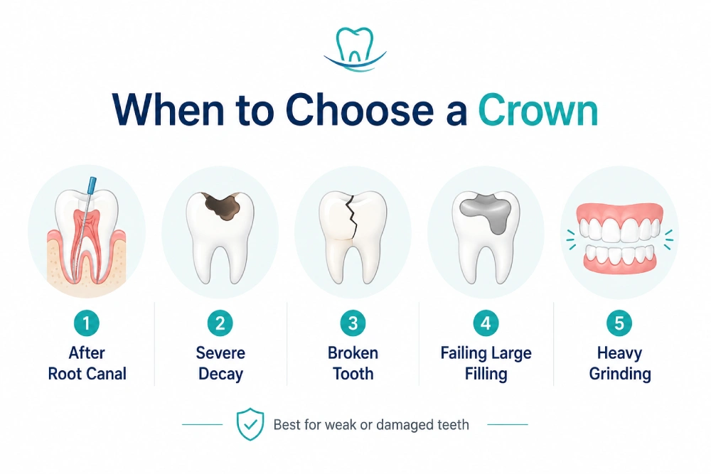 Infographic showing when to choose a crown, including after a root canal, severe decay, a broken tooth, a failing large filling, and heavy grinding.