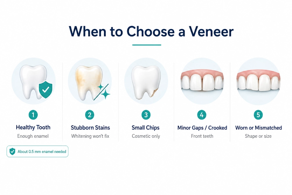 Infographic explaining when to choose a veneer in the veneers vs crown decision, including healthy teeth with enough enamel, stubborn stains, small chips, minor gaps, slightly crooked teeth, and worn or mismatched tooth shape.