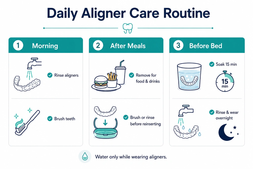 Infographic showing a daily aligner care routine related to how do you use Invisalign cleaning crystals, including rinsing aligners, cleaning after meals, soaking aligners, and rinsing before wearing them again.