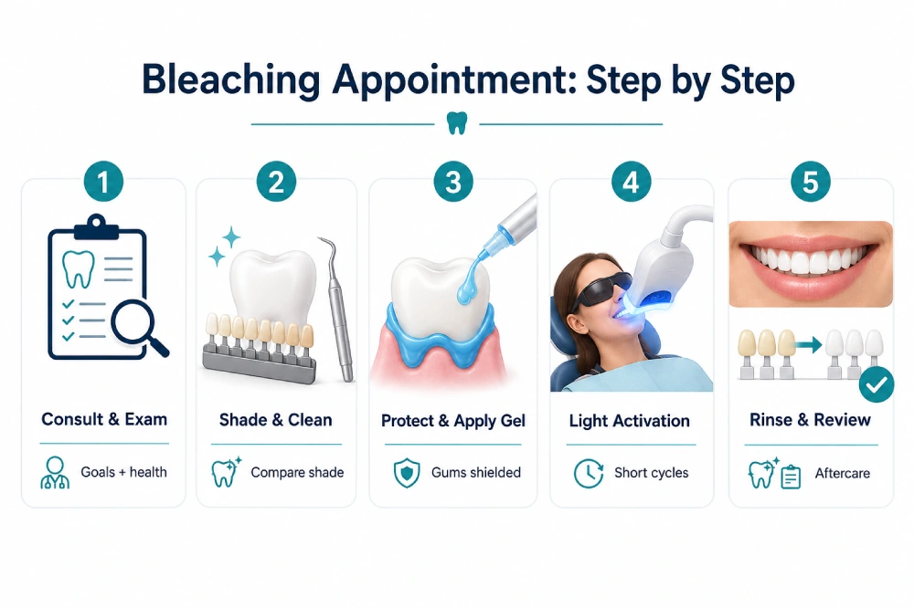 Infographic showing the step-by-step process of a Vancouver teeth bleaching appointment, including consultation and exam, shade checking, cleaning, gum protection, bleaching gel application, light activation, and final aftercare review.