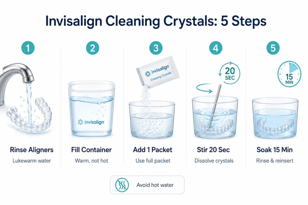 Infographic showing how do you use Invisalign cleaning crystals step by step, including rinsing aligners, filling a container with warm water, adding one packet of crystals, stirring for 20 seconds, soaking for 15 minutes, and then rinsing and reinserting the aligners.