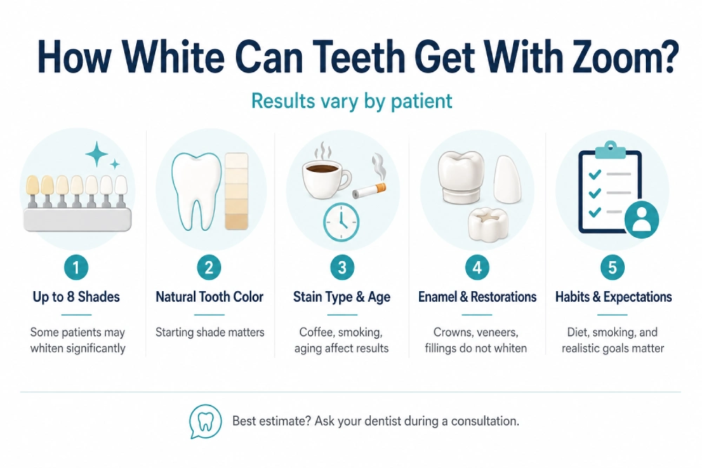 Infographic explaining how white teeth can get with Zoom teeth bleaching, including up to 8 shades of improvement and the factors that affect results such as natural tooth color, stain type, enamel condition, restorations, and personal habits.