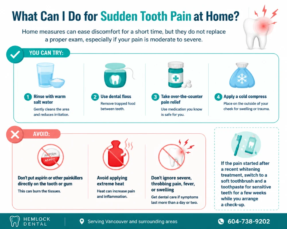 Infographic explaining why do my teeth hurt all of a sudden and what you can do at home, including salt water rinses, dental floss, safe pain relief, cold compresses, and things to avoid.