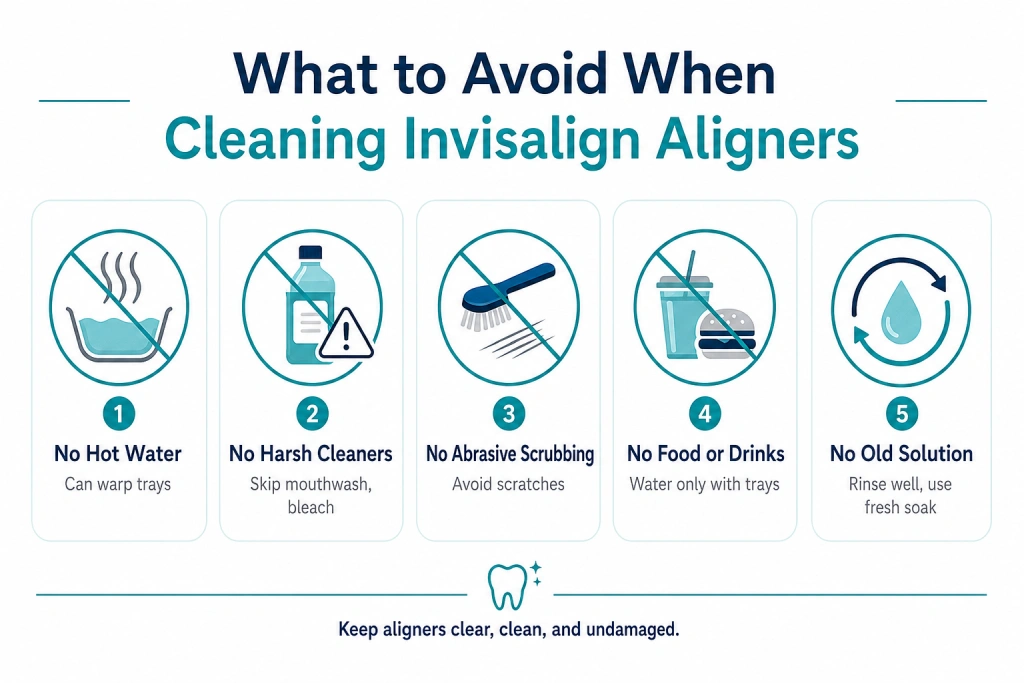 Infographic showing what to avoid when cleaning Invisalign aligners, including hot water, harsh cleaners, abrasive scrubbing, eating or drinking with trays, and reusing old cleaning solution as part of proper how do you use Invisalign cleaning crystals care.