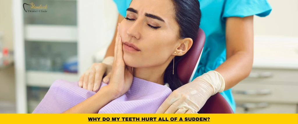 Person experiencing sudden tooth pain caused by sensitivity, grinding, or dental problems