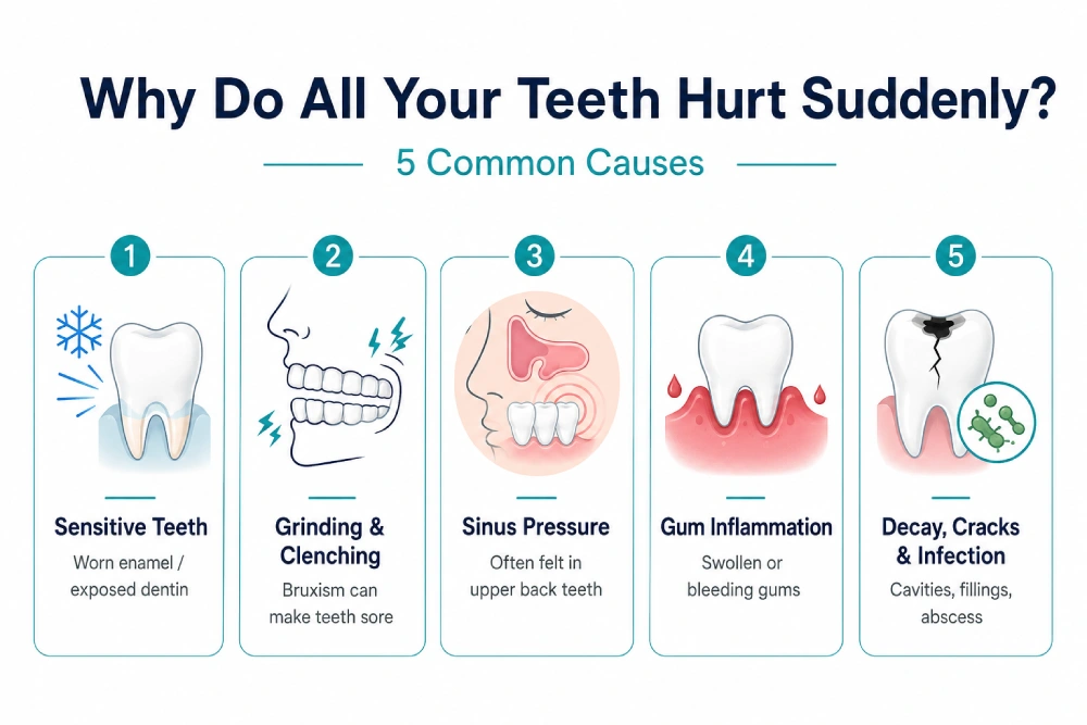 Infographic showing common reasons why do my teeth hurt all of a sudden, including tooth sensitivity, grinding and clenching, sinus pressure, gum inflammation, and decay, cracks, or infection.