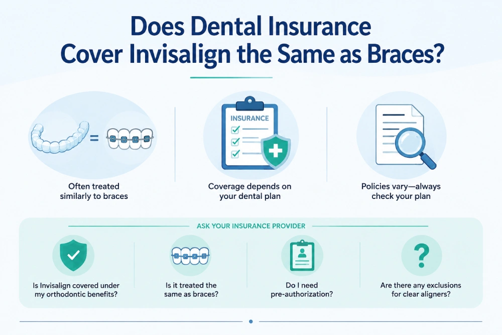 Infographic explaining is Invisalign covered by insurance, comparing Invisalign coverage with braces and showing key questions to ask about orthodontic benefits, pre-authorization, and clear aligner exclusions.