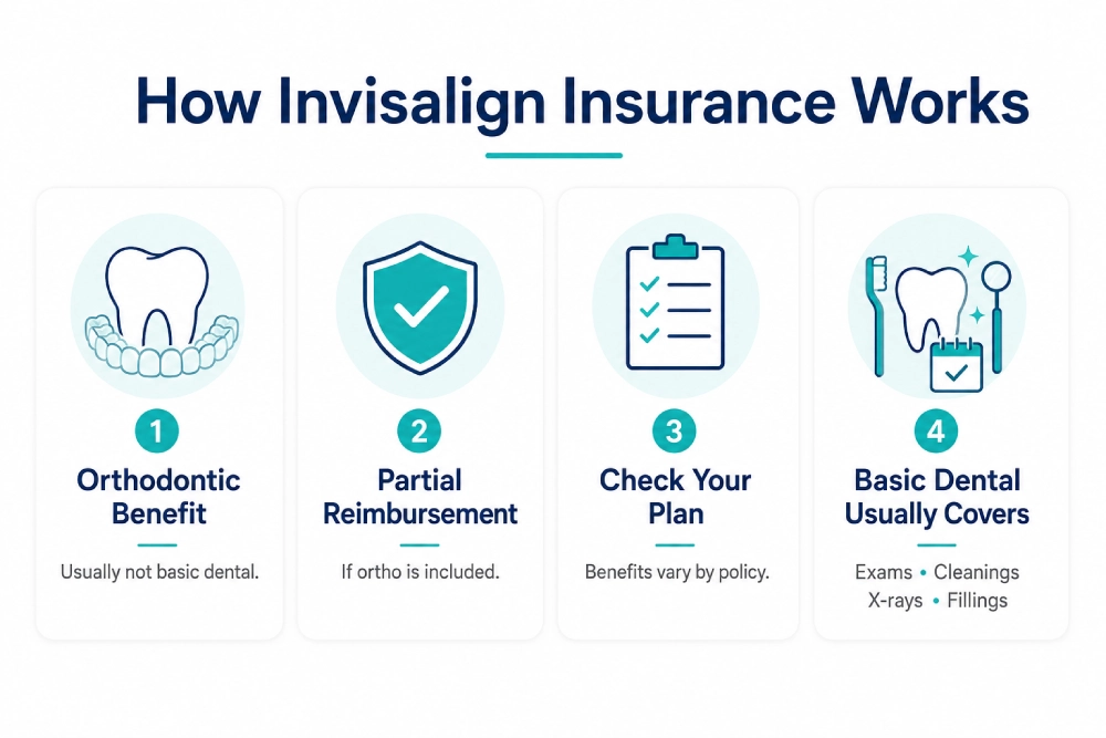 Infographic explaining is Invisalign covered by insurance, showing how Invisalign coverage usually depends on orthodontic benefits, partial reimbursement, checking your dental plan, and what basic dental insurance typically covers.