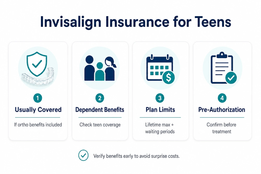 Infographic explaining is Invisalign covered by insurance for teens, showing that teen Invisalign treatment is often covered when orthodontic benefits are included, with key factors such as dependent benefits, plan limits, and pre-authorization.