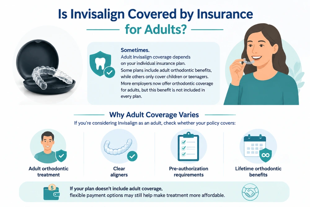 Infographic explaining is Invisalign covered by insurance for adults, showing how adult Invisalign coverage depends on orthodontic benefits, clear aligner coverage, pre-authorization requirements, and lifetime orthodontic benefits.