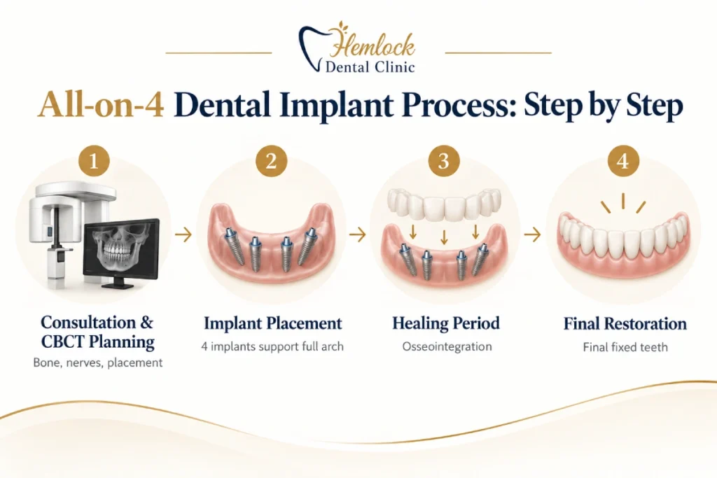 Infographic showing the All-on-4 Dental Implant process step by step, including consultation and CBCT planning, implant placement, healing through osseointegration, and final fixed restoration.