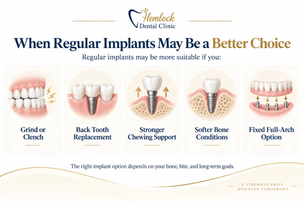 Infographic comparing when Mini Dental Implants may not be the best option and when regular implants may be more suitable, including cases with teeth grinding, back tooth replacement needs, stronger chewing support requirements, softer bone conditions, and fixed full-arch restorations.