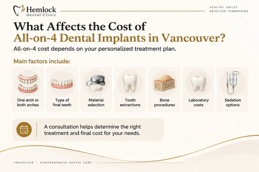 Infographic explaining the factors that affect the cost of All-on-4 Dental Implants in Vancouver, including the number of arches, final teeth type, materials, extractions, bone procedures, laboratory costs, and sedation options.