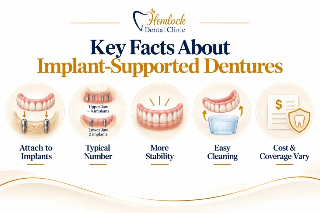 Infographic highlighting key facts about Implant-Supported Dentures, including how dentures attach to dental implants, typical implant numbers for upper and lower jaws, improved stability compared with traditional dentures, easy removal for cleaning, and factors that affect cost and coverage.