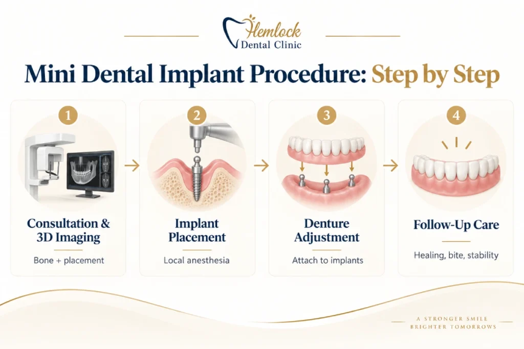 Infographic showing the Mini Dental Implant procedure step by step, including consultation and 3D imaging, implant placement, denture adjustment, and follow-up care to check healing, bite, and implant stability.