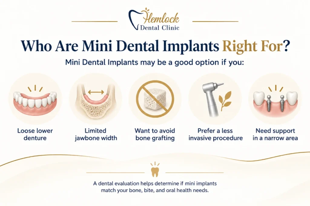 Infographic showing who may be a good candidate for Mini Dental Implants, including patients with a loose lower denture, limited jawbone width, a desire to avoid bone grafting, preference for a less invasive procedure, and the need for support in a narrow area.