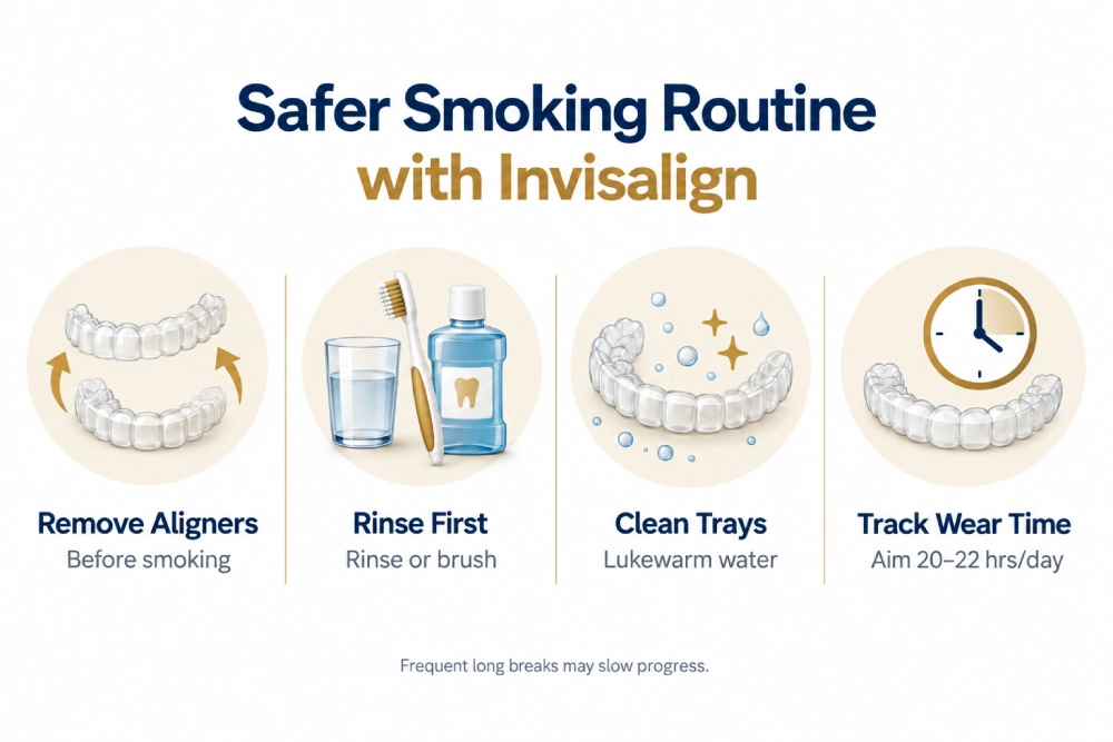 Infographic showing a safer smoking routine during Invisalign treatment, including removing aligners before smoking, rinsing before putting them back in, cleaning trays regularly, and tracking daily wear time.
