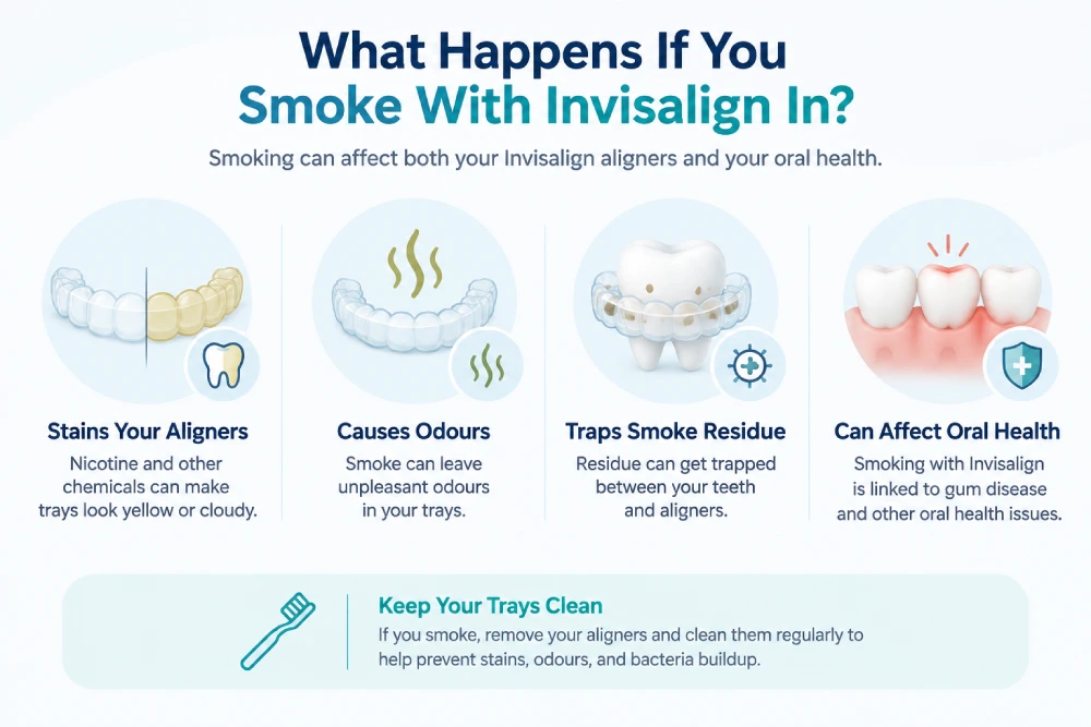 Infographic explaining what happens if you smoke with Invisalign in, showing how smoking can stain aligners, cause odors, trap smoke residue, and affect oral health during Invisalign treatment.