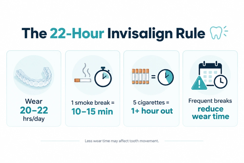 Infographic explaining the 22-hour Invisalign rule and how smoking breaks can reduce daily aligner wear time, showing recommended wear time, cigarette break duration, and the impact of frequent smoking on treatment progress.