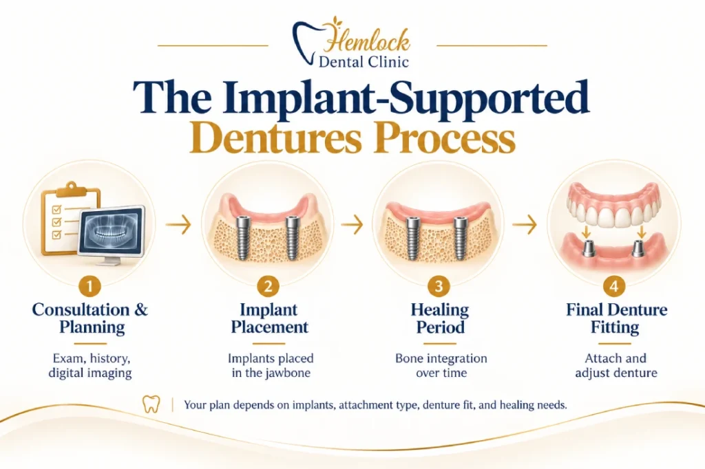 Infographic showing the Implant-Supported Dentures process step by step, including consultation and planning, implant placement, healing period, and final denture fitting with attachment adjustment.