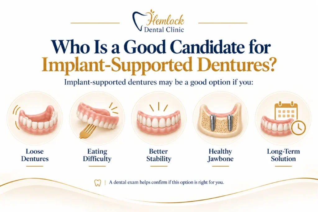 Infographic explaining who is a good candidate for Implant-Supported Dentures, showing patients with loose dentures, difficulty eating due to denture movement, a need for better stability, healthy jawbone support, and those looking for a long-term denture solution.