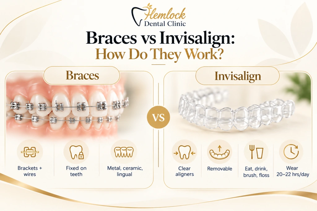 Infographic comparing Braces vs Invisalign, showing how braces use brackets and wires fixed to teeth while Invisalign uses clear removable aligners, including differences in wear, cleaning, and treatment options.