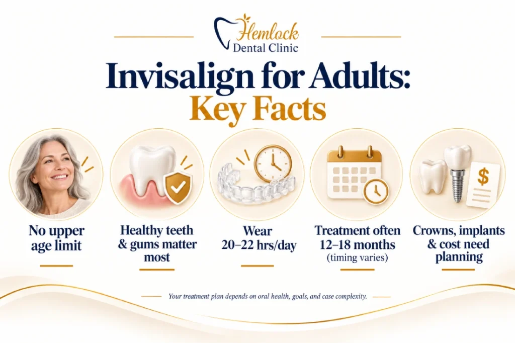 Infographic showing key facts about Invisalign for adults, including no upper age limit, the importance of healthy teeth and gums, 20–22 hours of daily aligner wear, treatment timelines, and planning for crowns, implants, and cost.