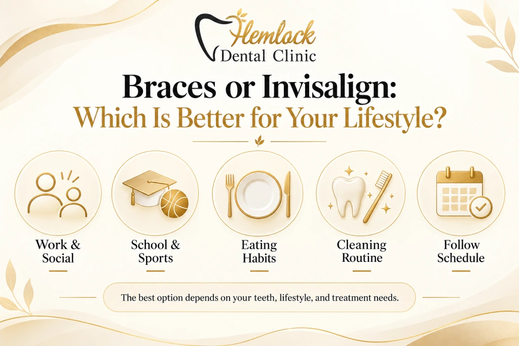 Infographic explaining Braces vs Invisalign lifestyle considerations, showing factors that help patients choose between treatments, including work and social activities, school and sports, eating habits, cleaning routine, and following the treatment schedule.