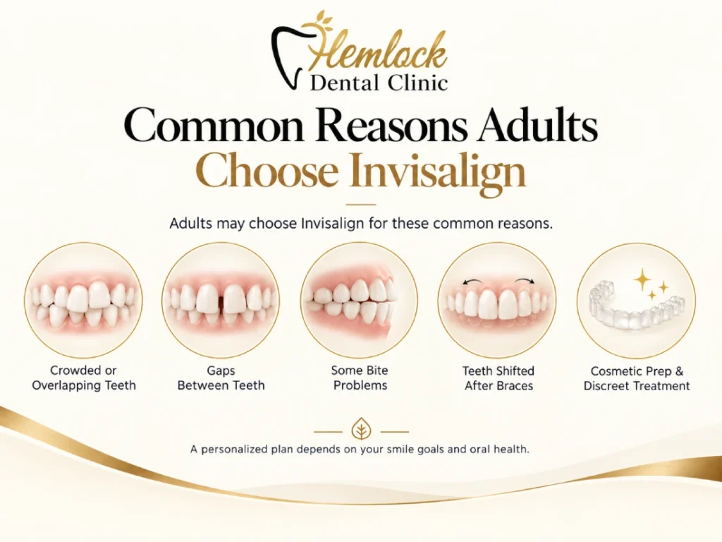Infographic showing common reasons adults choose Invisalign, including crowded or overlapping teeth, gaps between teeth, some bite problems, teeth that shifted after braces, and a discreet option for cosmetic dental planning.