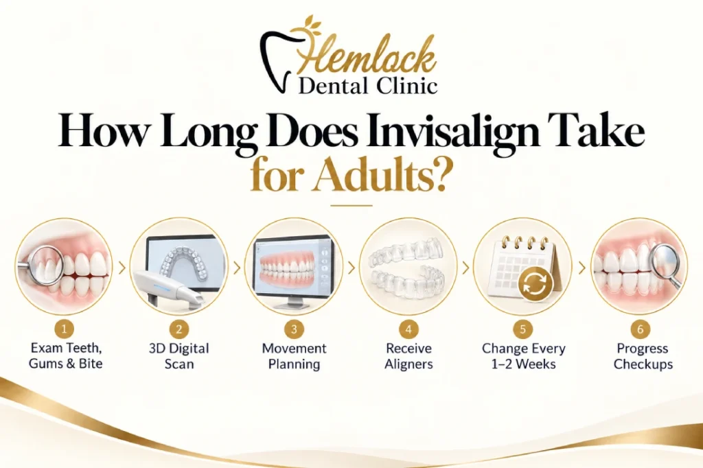 Infographic showing how long Invisalign takes for adults, including the treatment process from dental exam and 3D digital scan to movement planning, aligner delivery, aligner changes every 1–2 weeks, and progress checkups.