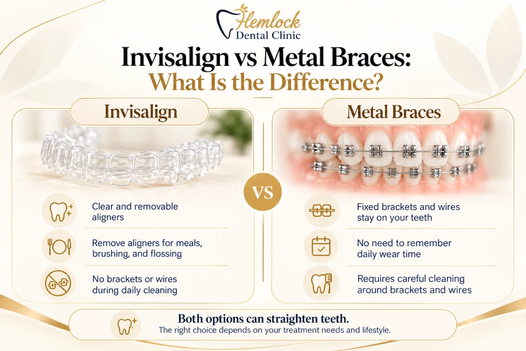 Infographic comparing braces vs Invisalign, showing that Invisalign uses clear removable aligners while metal braces use fixed brackets and wires, with differences in cleaning, wear, and daily use.