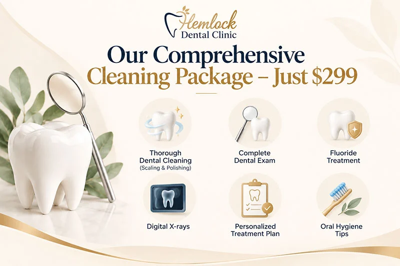 Infographic showing Hemlock Dental Clinic’s $299 dental cleaning cost Vancouver, including scaling and polishing, a complete dental exam, fluoride treatment, digital X-rays, a personalized treatment plan, and oral hygiene tips.